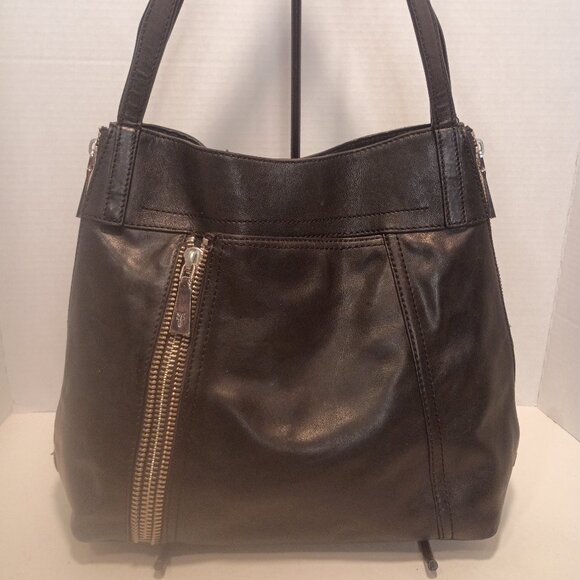 FRYE "Lena" Smooth Black Leather Tote Chunky SIlver ZIppers Detail, 3-Side Open - Picture 3 of 15